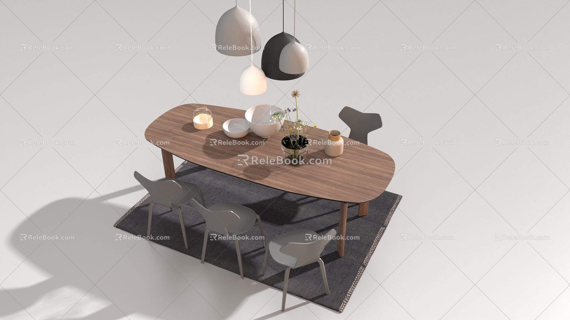 Wood Grain Dining Table Chandelier Light Luxury Dining Table 3d model