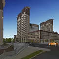 Bustling Commercial Street With Modern Multi story Buildings Pedestrians Greenery Vehicles And Shops