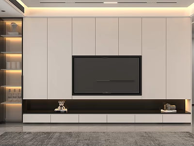Modern Minimalist Living Room TV Wall Design With Built In Cabinets And Warm Ambient Lighting 3d model