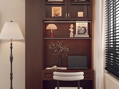 Wooden Bookcase Home Office Setup With Desk Laptop Table Lamp Vase Floor Lamp And Blinds 3d model
