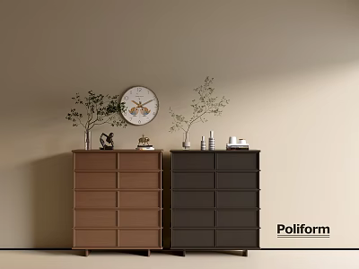 Poliform Minimalist Entryway Console And Side Cabinets With Brown Dark Gray Drawers And Decorative Items 3d model