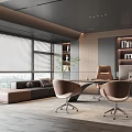 Modern Office Interior With Executive Desk Leather Chairs Bookshelves And Sofa Area