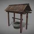Rustic Traditional Well Structure with Wooden Roof Frame and Stone Basin