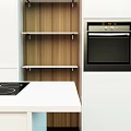 Modern Kitchen With White Cabinets Wooden Shelves Double Ovens And Island