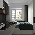 Tatami Bedroom Interior With Green Bedspread Pillows Desk Chair Window Potted Plant And Cabinets