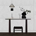 Minimalist Wooden Desk with White Flower Vase Ceramic Figurine Candles and Wall Lamp