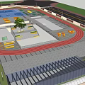 Modern Outdoor Football Field With Red Running Track And Orange Spectator Seats