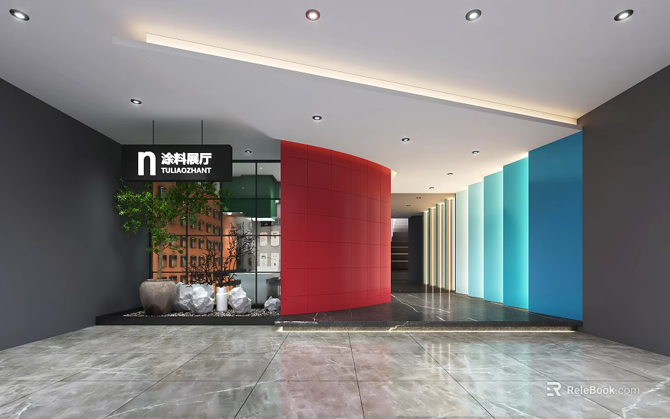 Nanhua Real Estate Lobby With Red Blue Walls Glass Door And Green Plant 3d model 