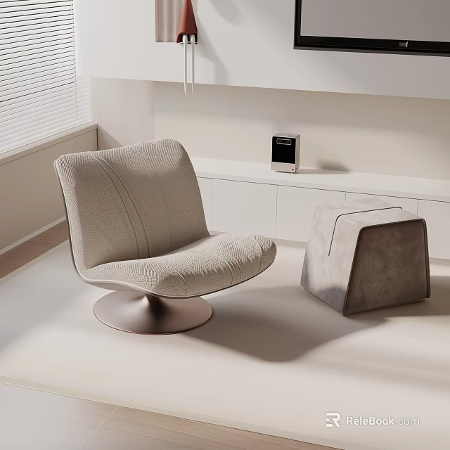 Light Gray Fabric Accent Chair With Metal Swivel Base And Matching Ottoman In Modern Interior 3d model 