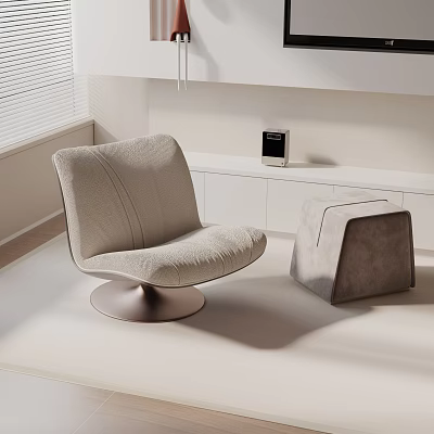 Light Gray Fabric Accent Chair With Metal Swivel Base And Matching Ottoman In Modern Interior 3d model