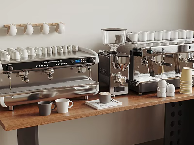 Stainless Steel Kitchen Appliances Including Coffee Machine Grinder And Cups On Wooden Table 3d model
