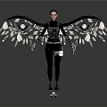 Game Movie Character In Black Tight Suit With Mechanical Wings Feathers Circular Elements Holding Weapon