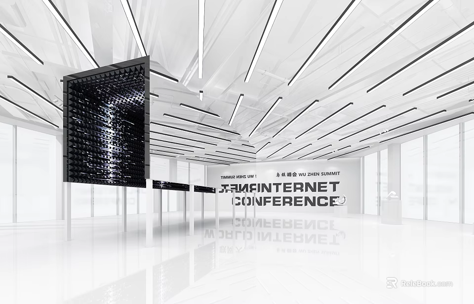 Modern Internet Conference Hall Interior With White Ceiling Lighting And Large Screen 3d model 