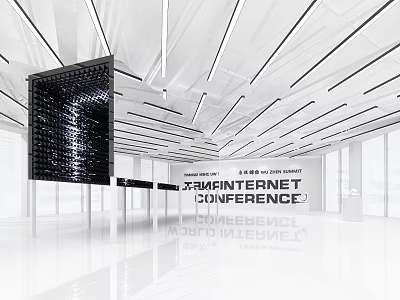 Modern Internet Conference Hall Interior With White Ceiling Lighting And Large Screen 3d model