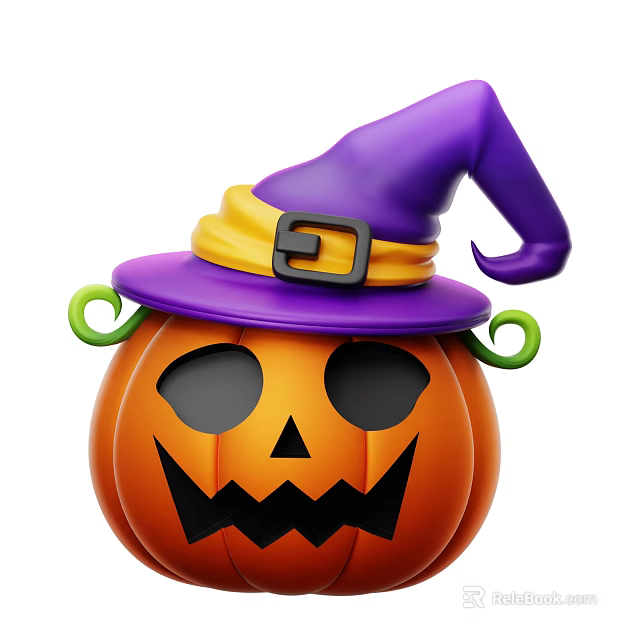 Halloween Decorative Ornament Set with Pumpkin Purple Wizard Hat Yellow Band Green Curved Decorations 3d model 