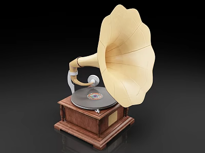 Vintage Wooden Gramophone with Cream Horn and Vinyl Record Classic Music Instrument 3d model