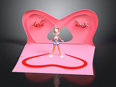 Pink Butterfly Shaped Stage Scene With Cartoon Character Heart Ring And Logos 3d model