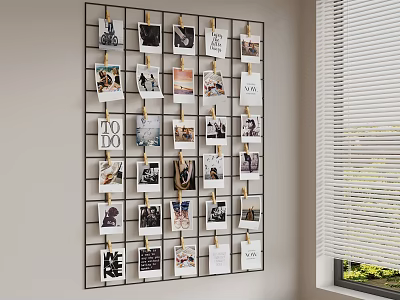 Grid Photo Wall With Clips Holding Photos And Notes For Indoor Decor 3d model