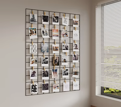 Grid Photo Wall With Clips Holding Photos And Notes For Indoor Decor 3d model