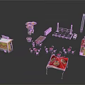 Outdoor Dining Scene Components Featuring Food Carts Tables Chairs Umbrellas And Stage