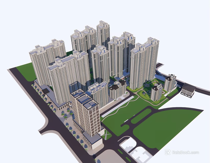 Modern High Rise Residential Complex With Green Areas And Road Layout 3d model