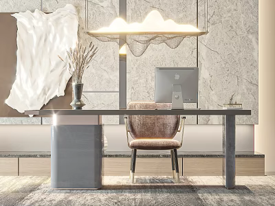 Elegant Modern Tea Room Interior With Marble Table Comfortable Chair And Artistic Pendant Light 3d model