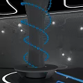 Science and Technology Exhibition Hall Featuring White Pillar with Blue DNA Helix and Illuminated Dots