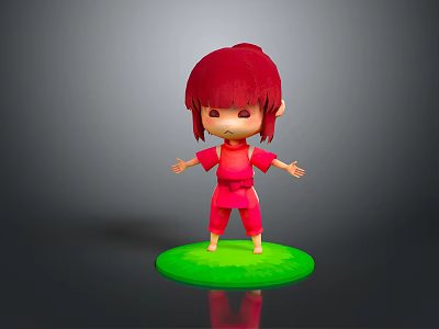 Cartoon Character With Red Hair And Red Outfit Standing On Green Base Platform 3d model