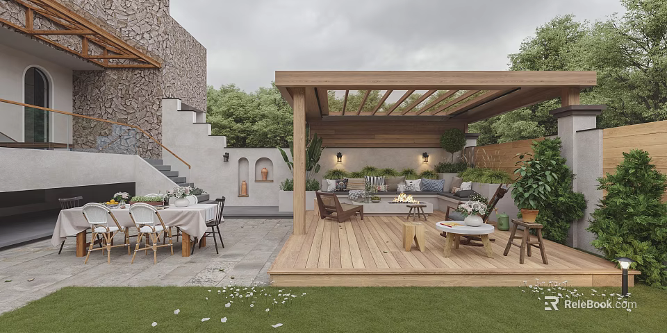 Garden Landscape with Wooden Pergola Outdoor Furniture Wooden Deck Stone Steps and Green Plants 3d model 
