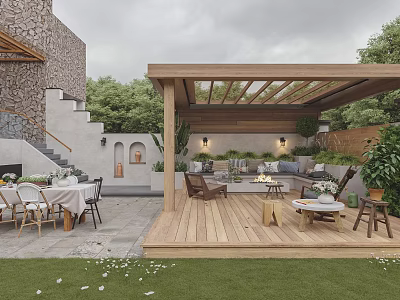 Garden Landscape with Wooden Pergola Outdoor Furniture Wooden Deck Stone Steps and Green Plants 3d model
