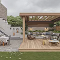 Garden Landscape with Wooden Pergola Outdoor Furniture Wooden Deck Stone Steps and Green Plants