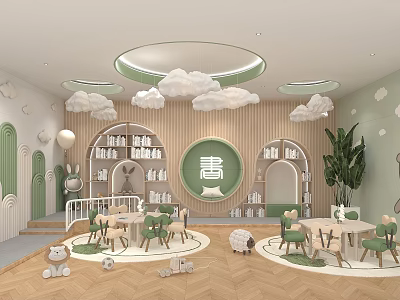 Kindergarten Classroom Interior With Cloud Decor Bookshelves Circular Windows And Green Plants 3d model