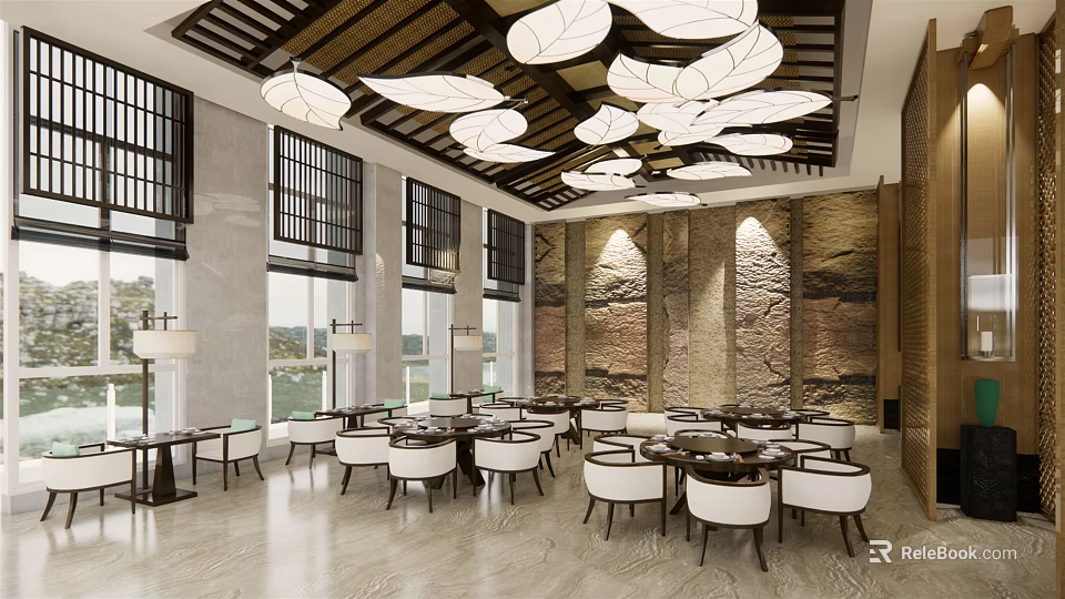 Chinese Style Restaurant Interior With Wooden Ceiling Leaf Pendant Lights Stone Wall And Round Tables 3d model 