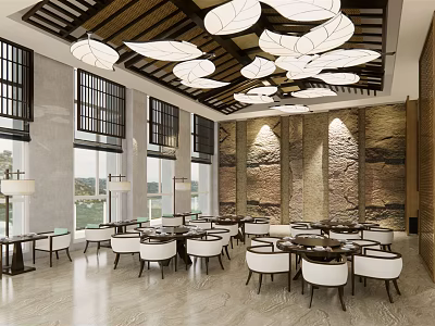 Chinese Style Restaurant Interior With Wooden Ceiling Leaf Pendant Lights Stone Wall And Round Tables 3d model