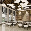 Chinese Style Restaurant Interior With Wooden Ceiling Leaf Pendant Lights Stone Wall And Round Tables