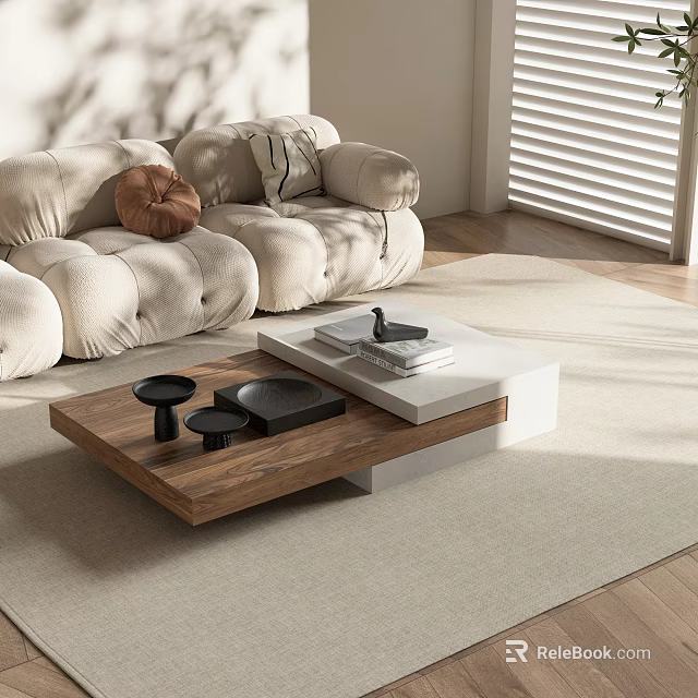 Modern Minimalist Coffee Table With Walnut And White Layered Design In Bright Living Room 3d model 