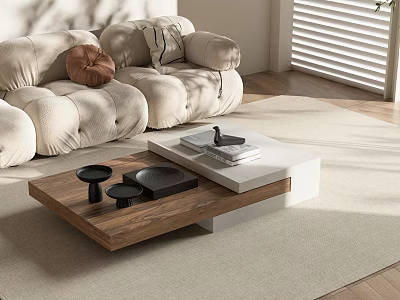Modern Minimalist Coffee Table With Walnut And White Layered Design In Bright Living Room 3d model