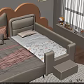 Light Colored Kids Bed With Guardrails Stool Pink Blanket And Patterned Mattress