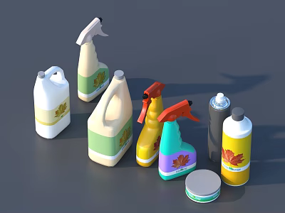 Display Shelves With Various Cleaning Product Bottles Including Sprayers And Different Containers 3d model