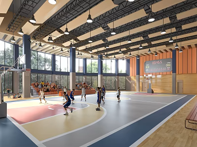 Indoor Basketball Gymnasium With Players Competing On Courts And Facilities 3d model