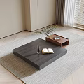 Modern Coffee Table with Open Book Glass Cup Brown Tray Tablet and Green Plant Leaves