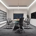 Modern Conference Room Interior With Long Table Black Chairs RAB Logo And Pendant Lights