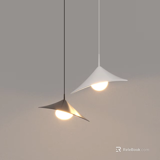 Two Black and White Triangular Conical Pendant Lights Hanging with Illuminated Bulbs Against Grey Background 3d model 