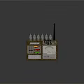 Industrial Control Panel with Metal Casing Colored Indicator Lights Knobs Antenna and Chart