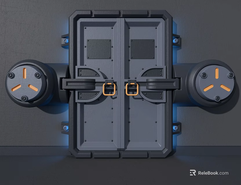 Industrial Sci Fi Metal Door with Golden Latches Cylindrical Devices and Orange Markers 3d model 