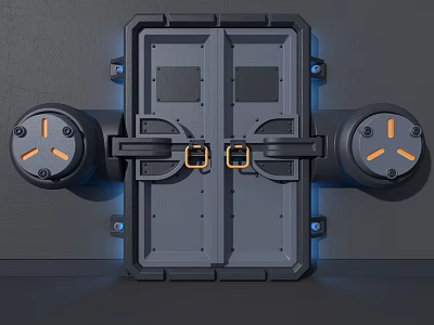 Industrial Sci Fi Metal Door with Golden Latches Cylindrical Devices and Orange Markers 3d model