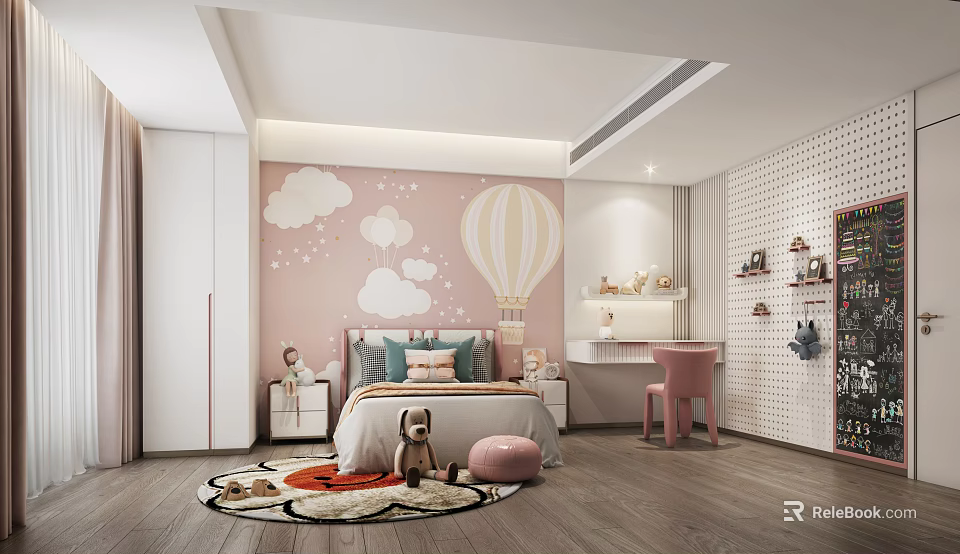 Cozy Kids Room With Pink Wall Clouds Hot Air Balloon Bed And Stuffed Toys 3d model 