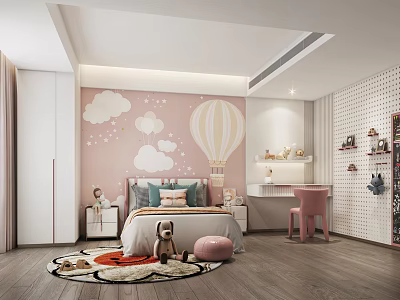 Cozy Kids Room With Pink Wall Clouds Hot Air Balloon Bed And Stuffed Toys 3d model