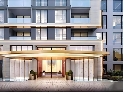 Modern High Rise Apartment Entrance Gate With Golden Canopy Glass Doors And Green Plants 3d model