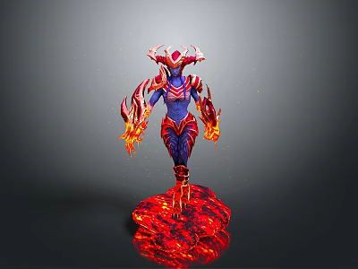 Blue Skinned Game Movie Character With Red Armor And Flaming Elements On Base 3d model